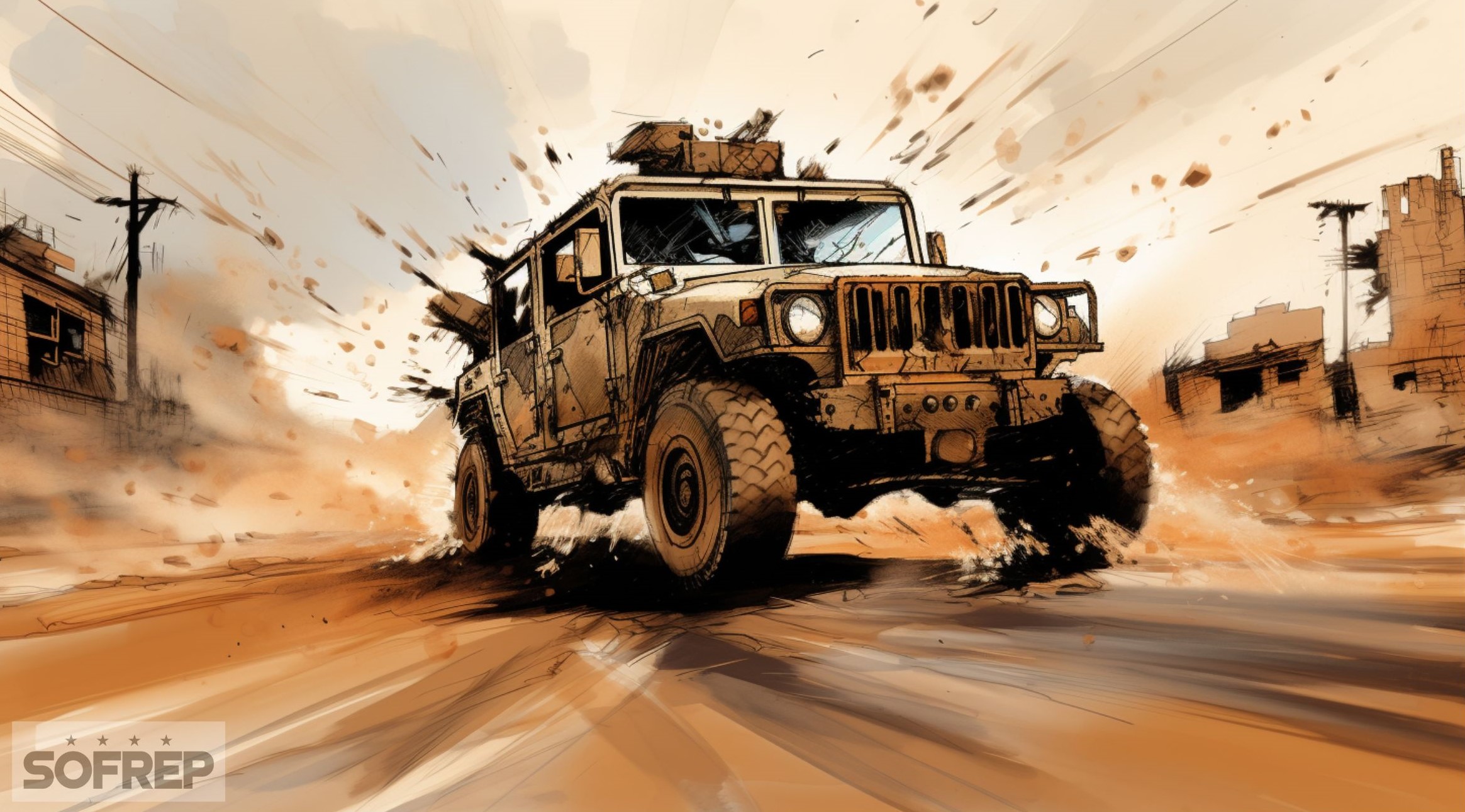 Drawing of a moving Humvee