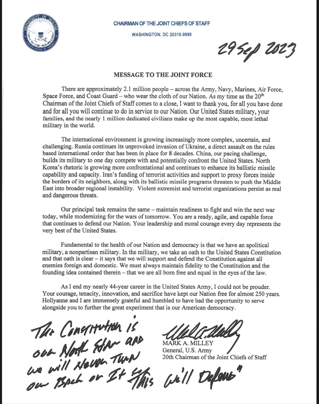 Message to the Joint Force - Milley
