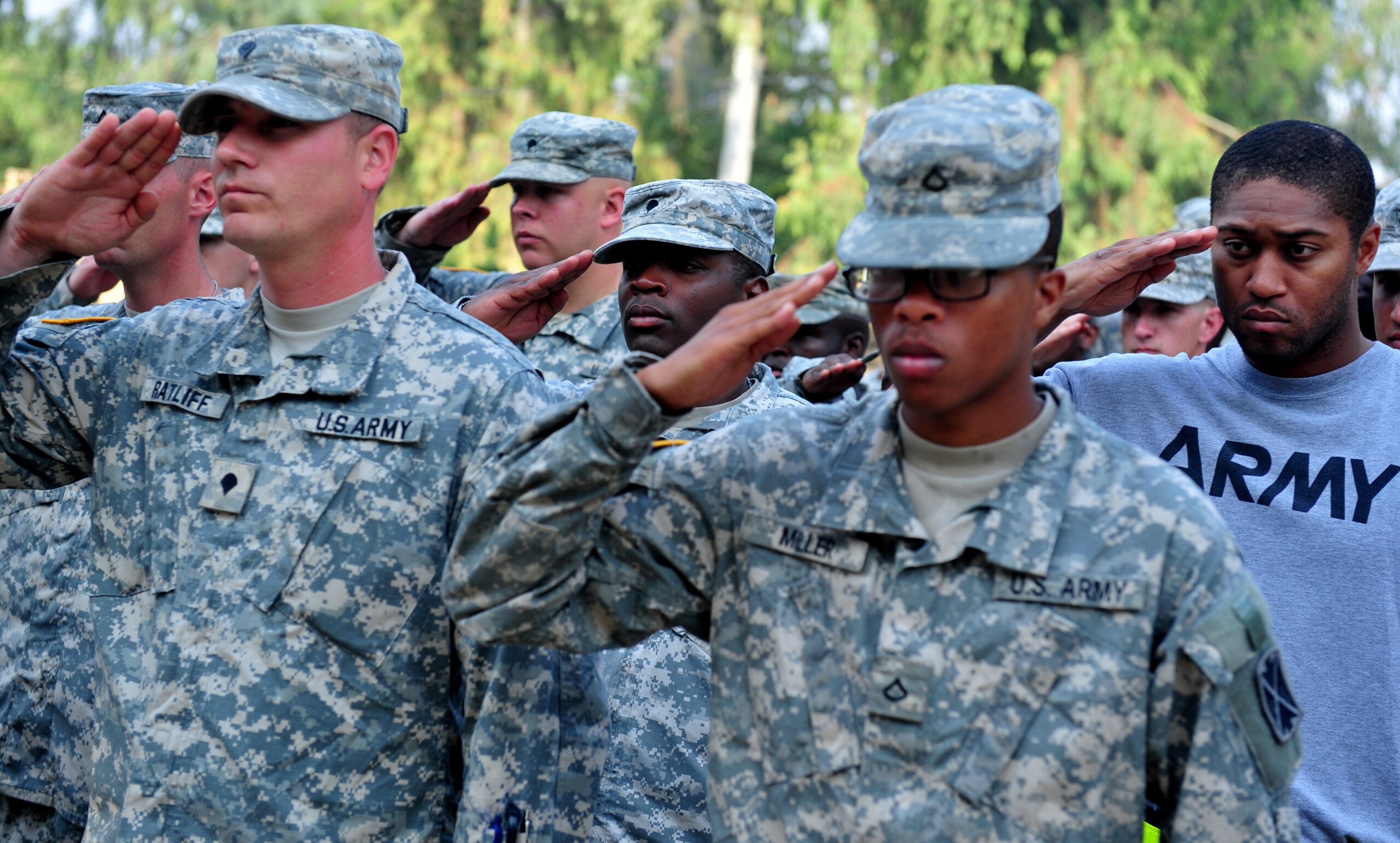 U.S. Soldiers with the 5th Battalion, 7th Air Defense Artillery Regiment stand in formation during the opening ceremony of a field competition during Austere Challenge 2012 in Hazor, Israel, Nov. 1, 2012. Austere Challenge 2012 is a three-week bilateral exercise designed to increase air defense interoperability between the United States and Israel. (U.S. Air Force photo by Staff Sgt. Tyler Placie/Released)