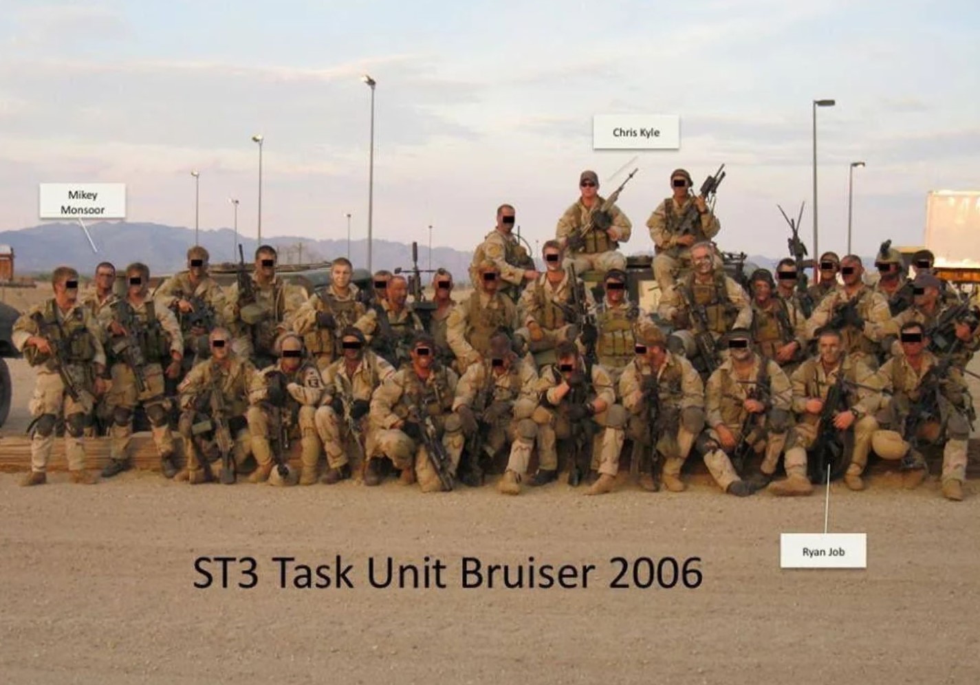SEAL Team 3 Task Unit Bruiser (the Punishers) are shown here in Iraq in 2006. Note a beardless Chris Kyle, Ryan Job (Biggles) and Medal of Honor recipient Michael Monsoor. 