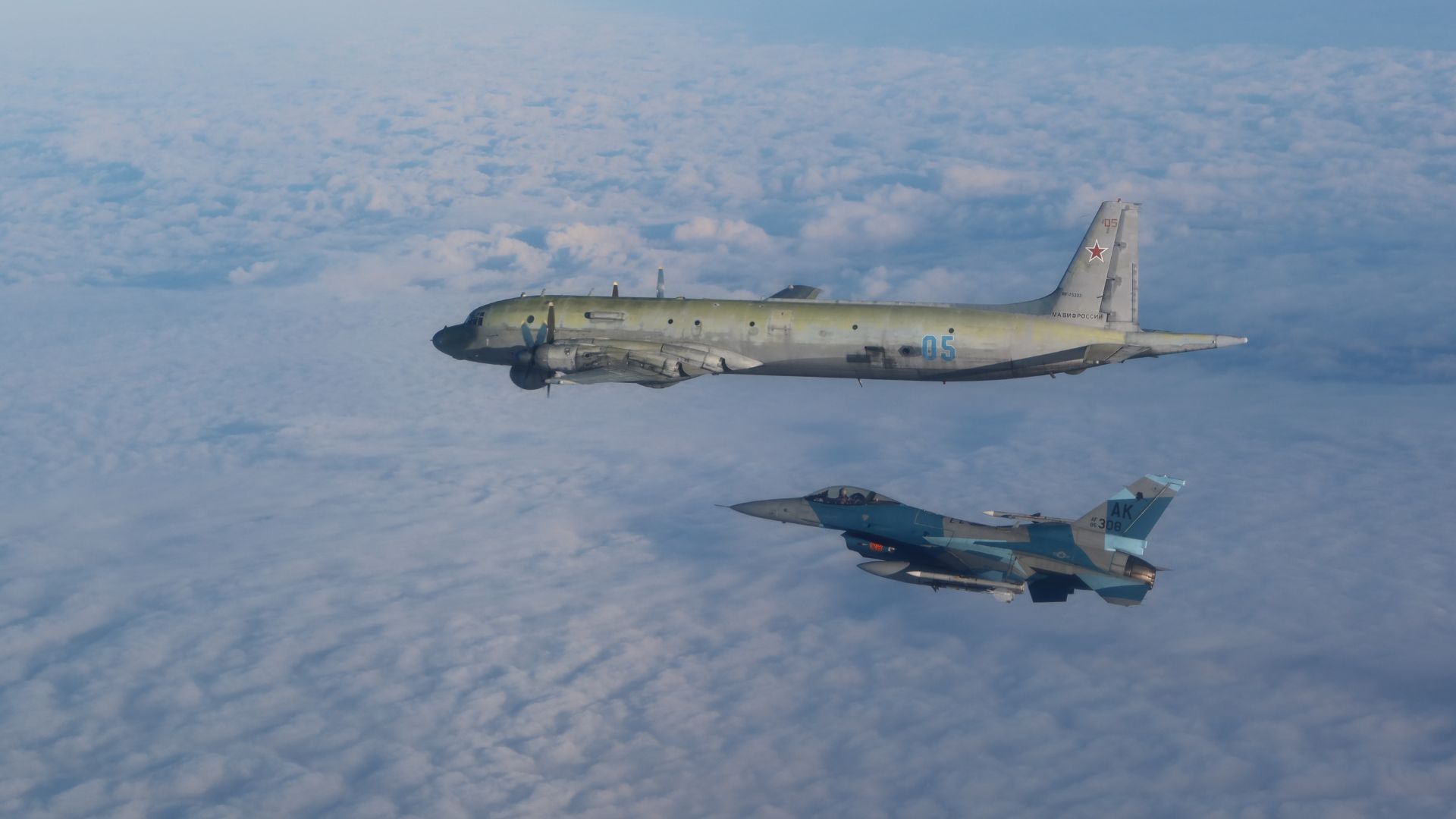 A NORAD F-16 Fighting Falcons intercepts a Russian IL-38 in ADIZ, September 2024. (DVIDS)