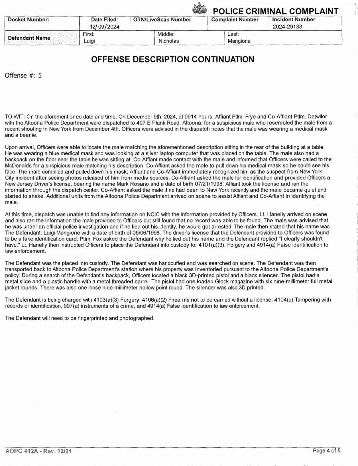 Mangione arrest report 