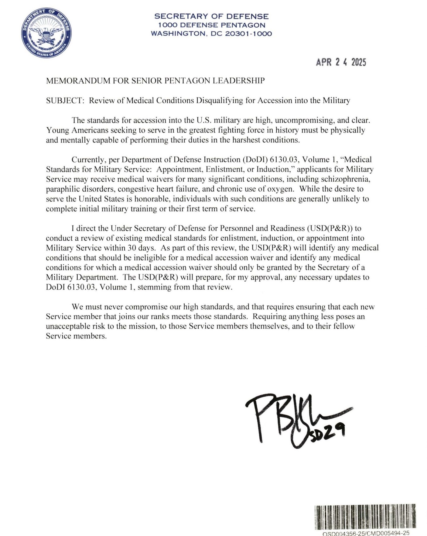 The Hegseth military medical memo 