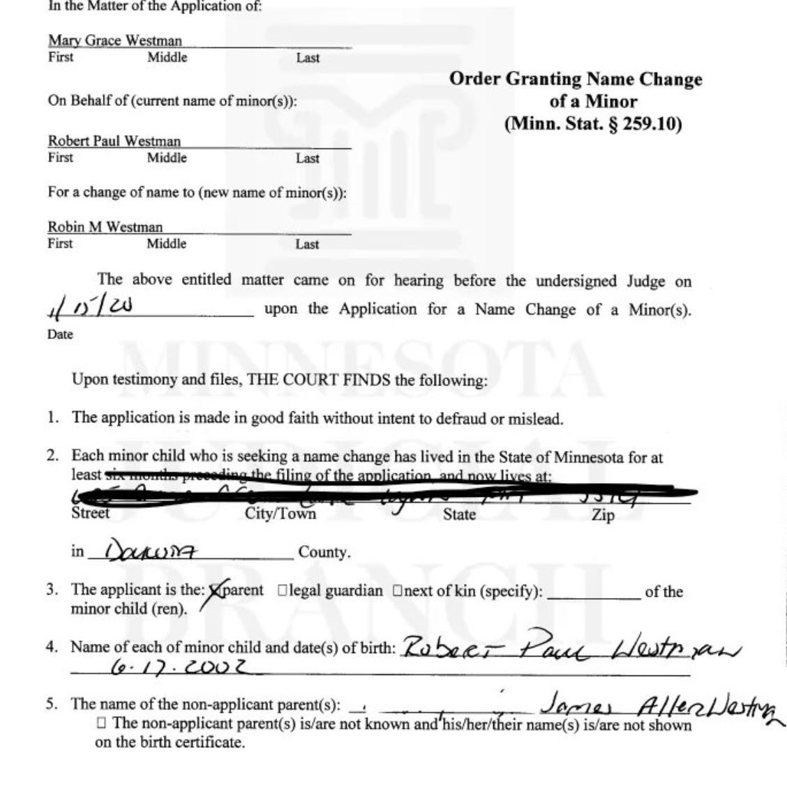Westman's Name Change Document