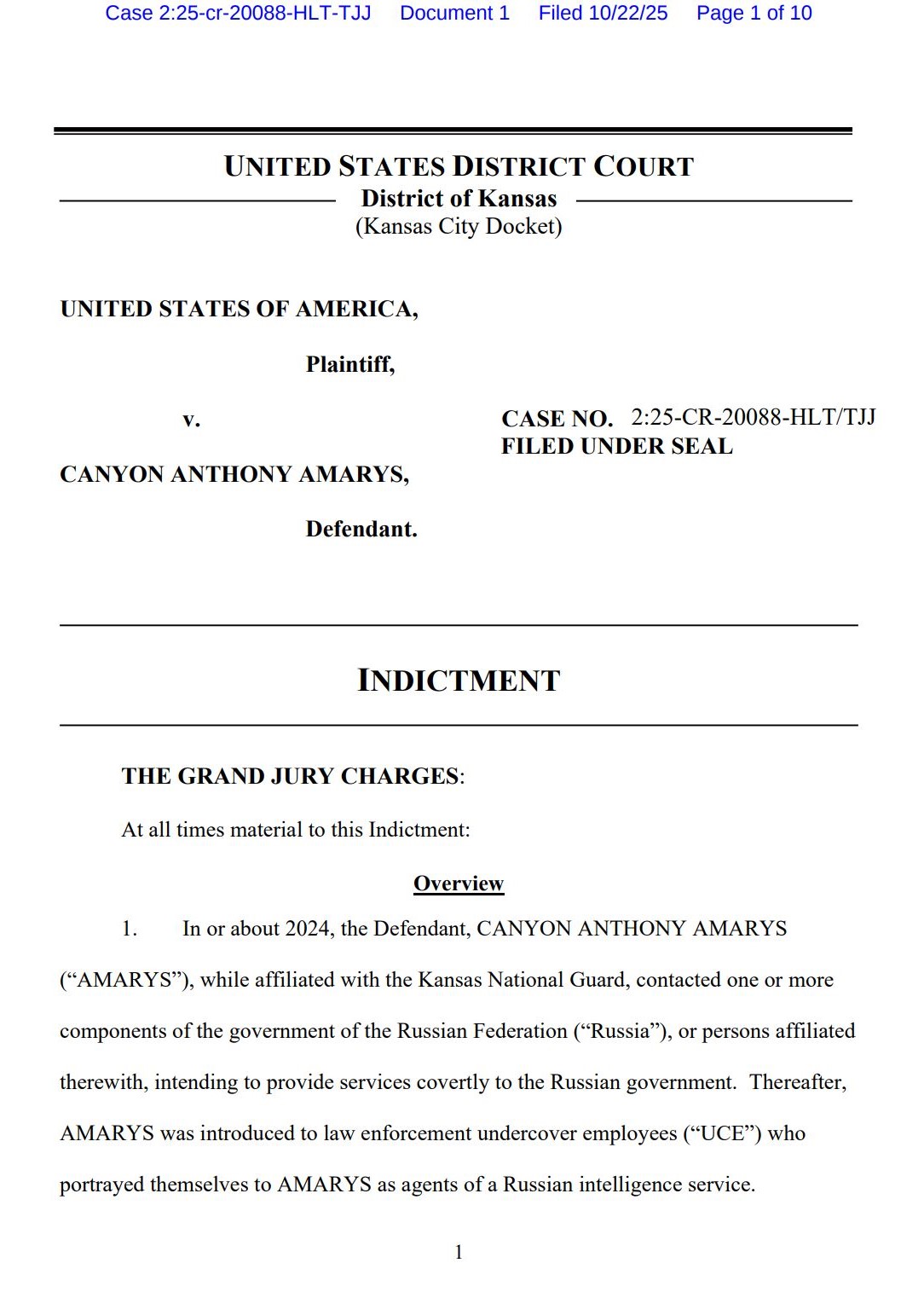 Federal Indictment Page One