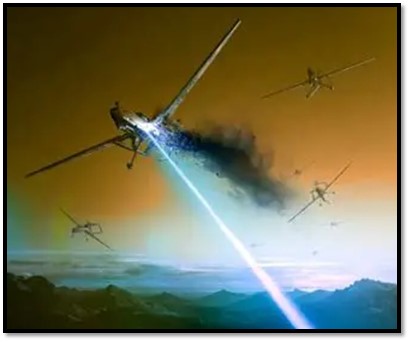 Laser weapon striking a drone.