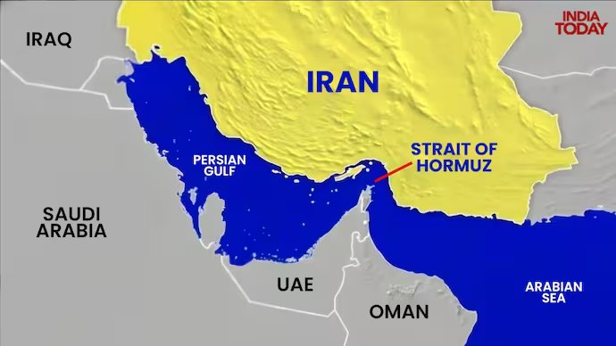 Map of Iran and surrounding countries highlighting the Strait of Hormuz between the Persian Gulf and the Arabian Sea.