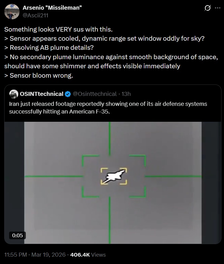 Screenshot of an X post by @Ascii211 analyzing Iranian-released footage that claims to show an air defense system hitting an F-35, highlighting inconsistencies in sensor behavior and plume characteristics.